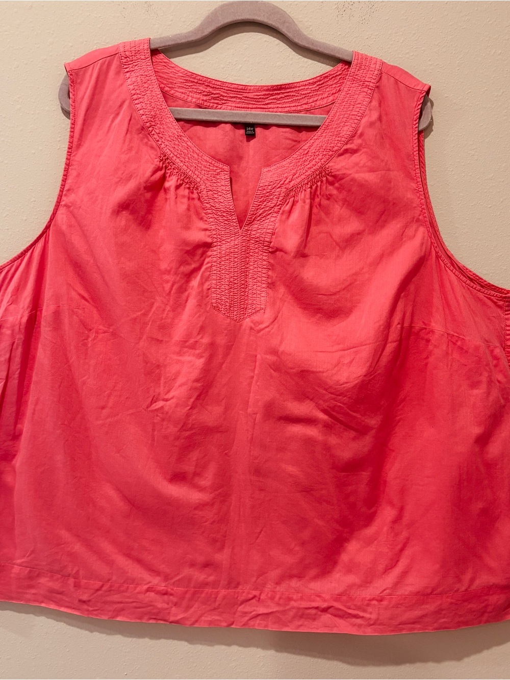 Talbots Coral Pink Sleeveless Embroidered Split Neck Tank 24W Cotton Comfy Work
